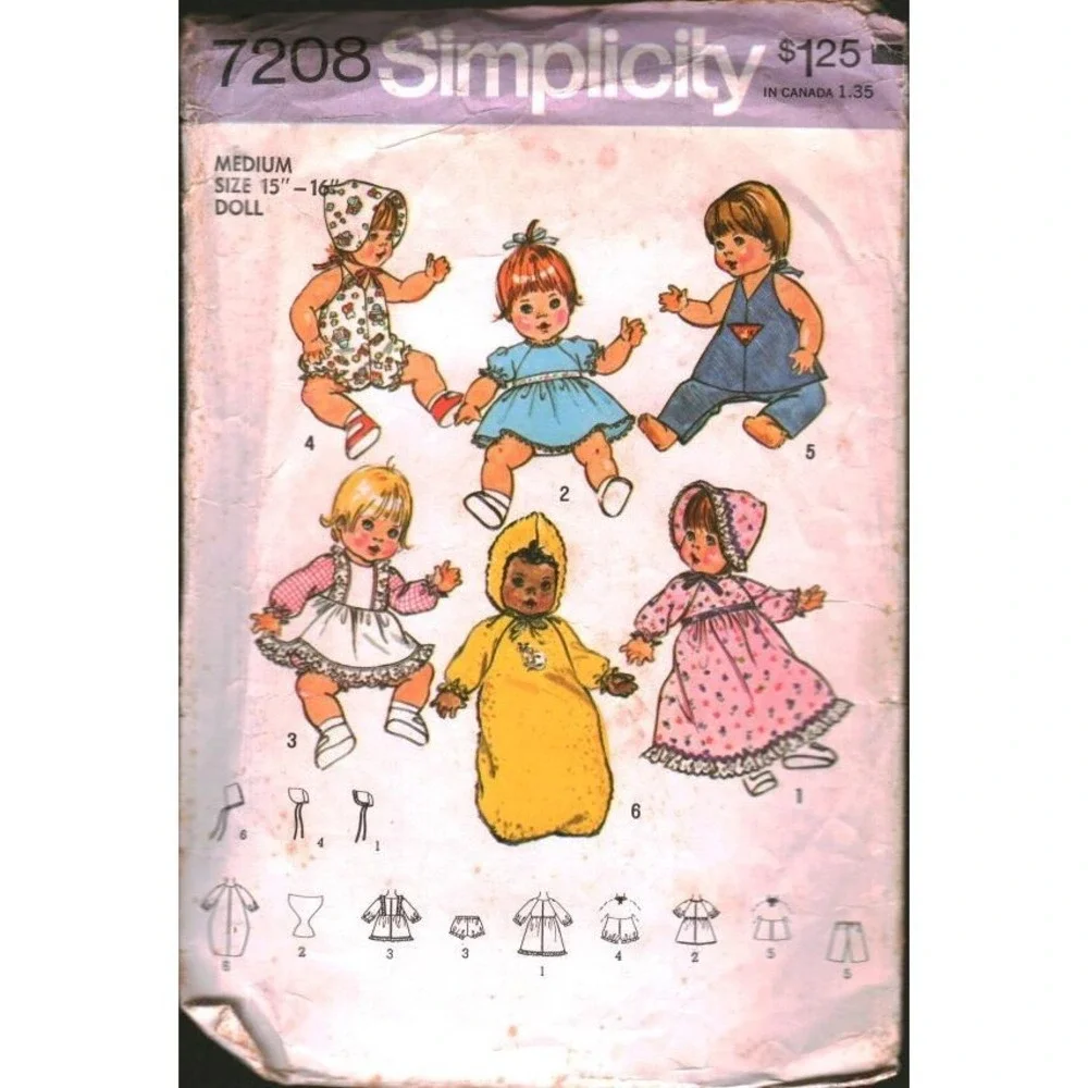 Vintage Simplicity 7208 Doll Clothes Pattern Medium 15-16.5 Inch Wardrobe Dress